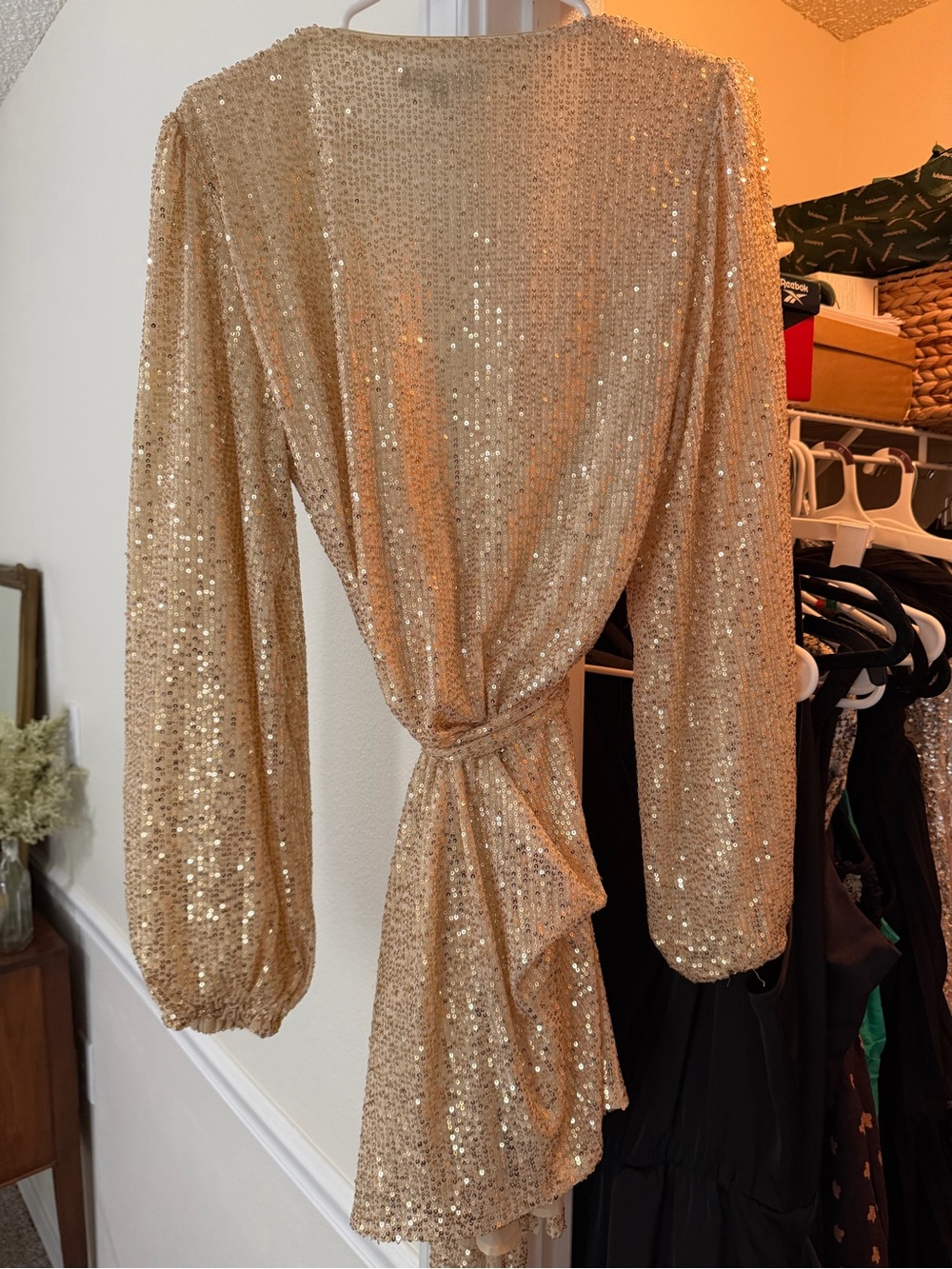 Lulu's Champagne Sequin Long Sleeve Plunge Dress - Picture 2 of 3